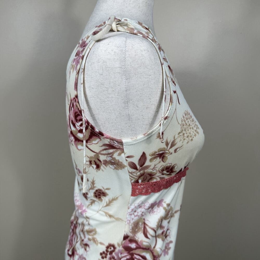 Vintage Y2K Floral Midi Dress Cottagecore Tie Strap Lace Trim Romantic Sz L